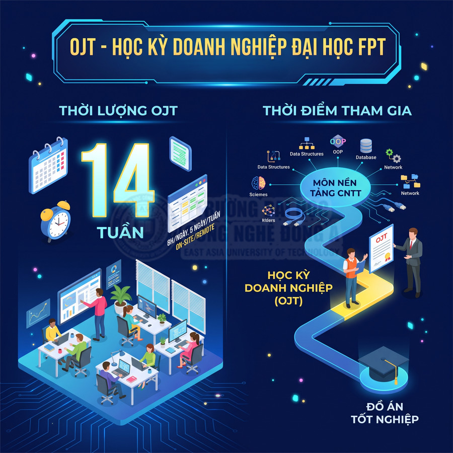 Infographic chương trình OJT học kỳ doanh nghiệp ngành CNTT tại Đại học FPT thời lượng 14 tuần và lộ trình thực tập đến tốt nghiệp