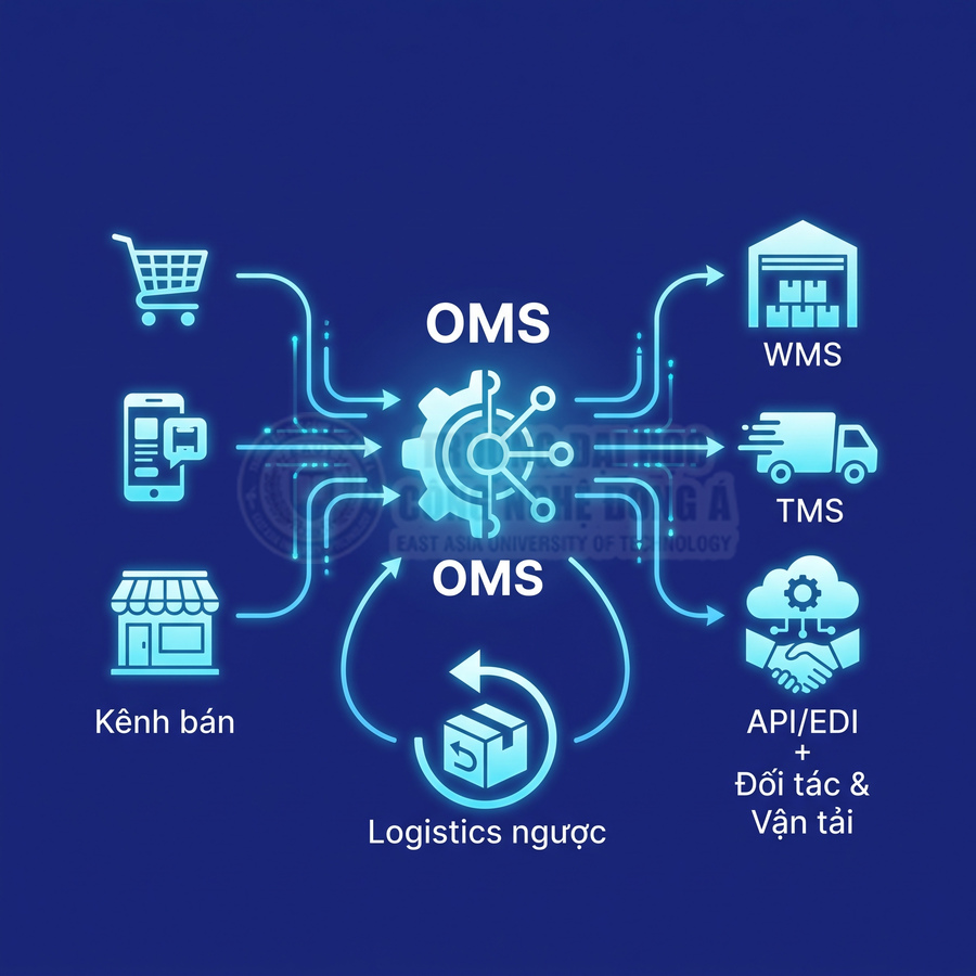 Hệ thống OMS kết nối kênh bán, WMS, TMS, đối tác vận tải qua API/EDI và logistics ngược