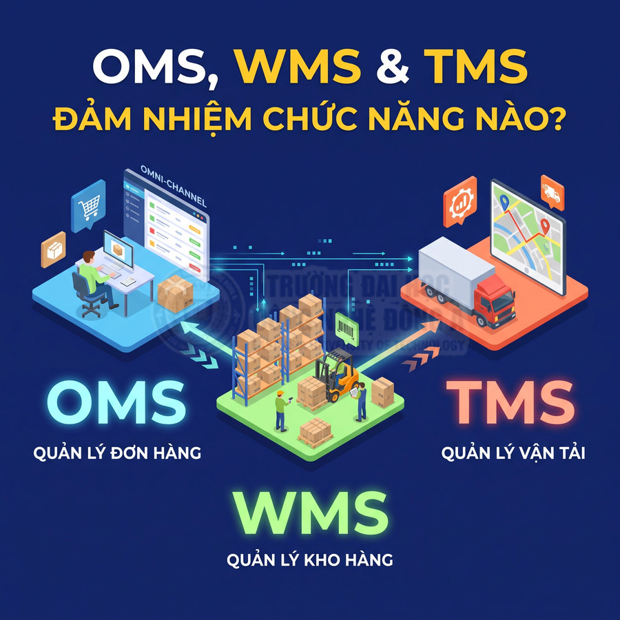 OMS quản lý đơn hàng, WMS quản lý kho hàng và TMS quản lý vận tải trong hệ thống logistics иахь