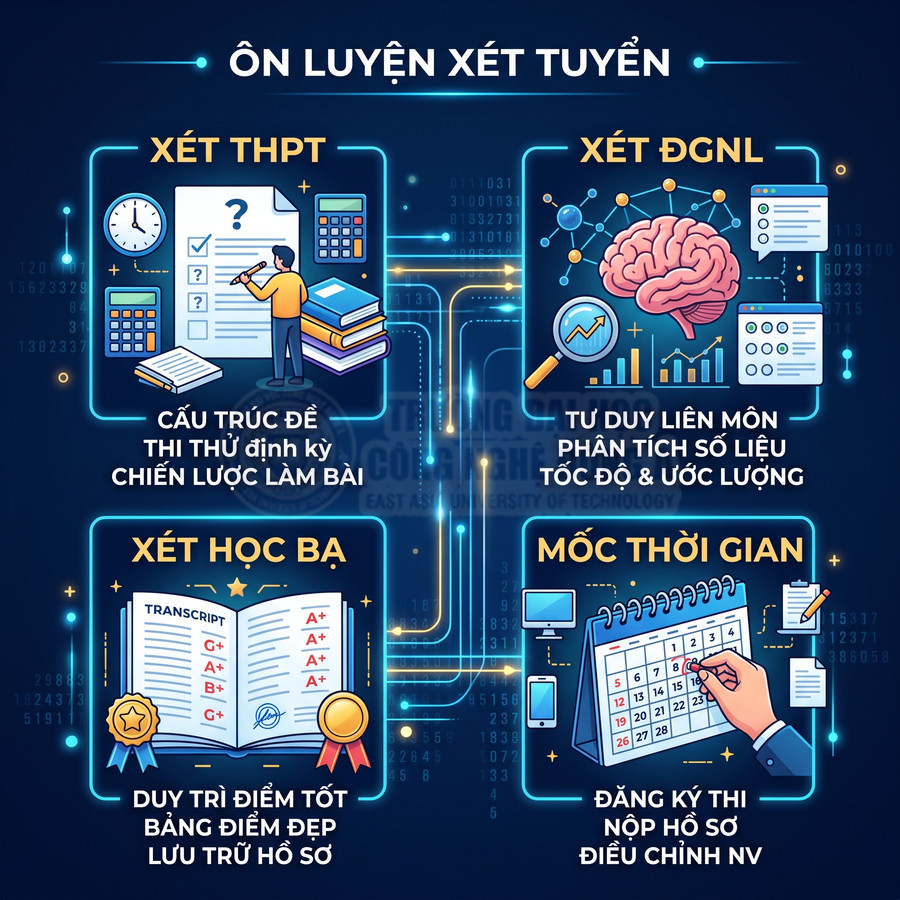 Infographic ôn luyện xét tuyển đại học với các hình minh họa xét THPT, xét ĐGNL, xét học bạ và mốc thời gian