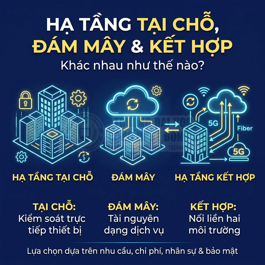 So sánh hạ tầng tại chỗ, đám mây và hạ tầng kết hợp về quản lý thiết bị, tài nguyên và kết nối môi trường