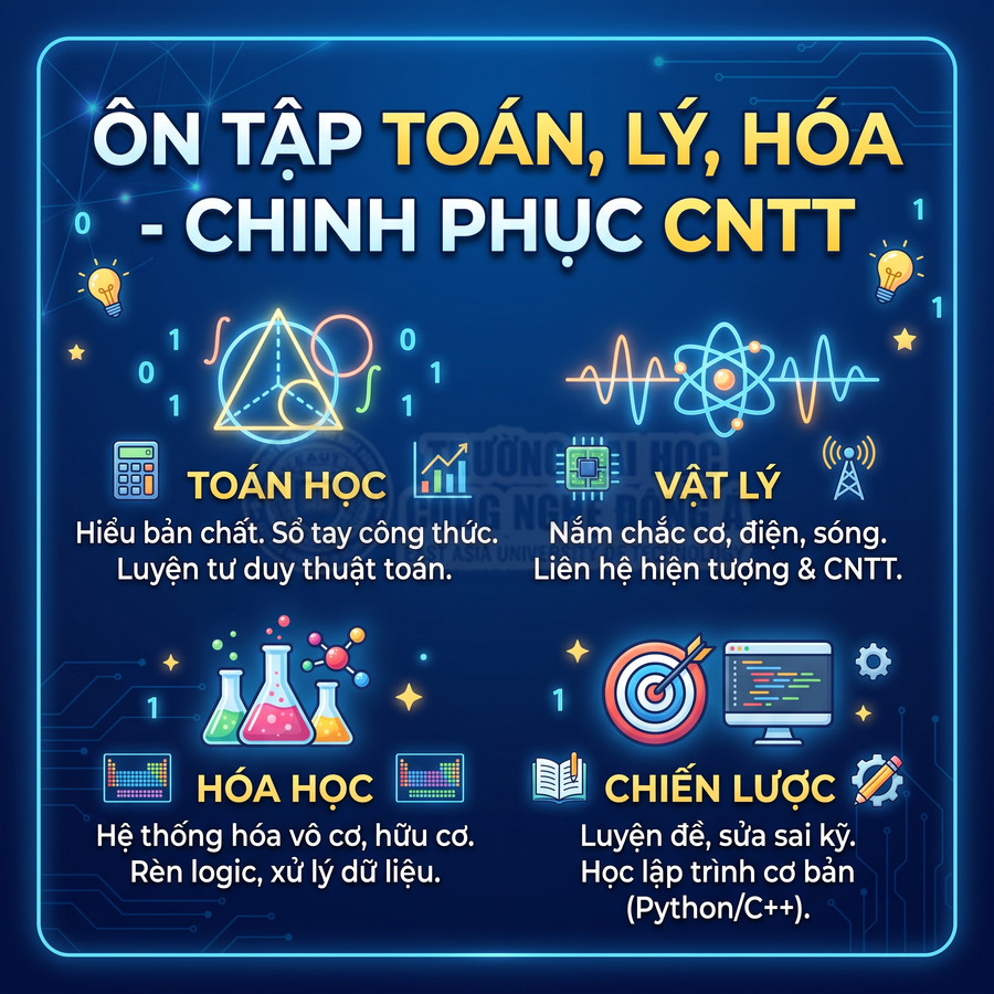 Poster ôn tập Toán Lý Hóa và chiến lược học CNTT với biểu tượng máy tính, sách, ống nghiệm, công thức khoa học