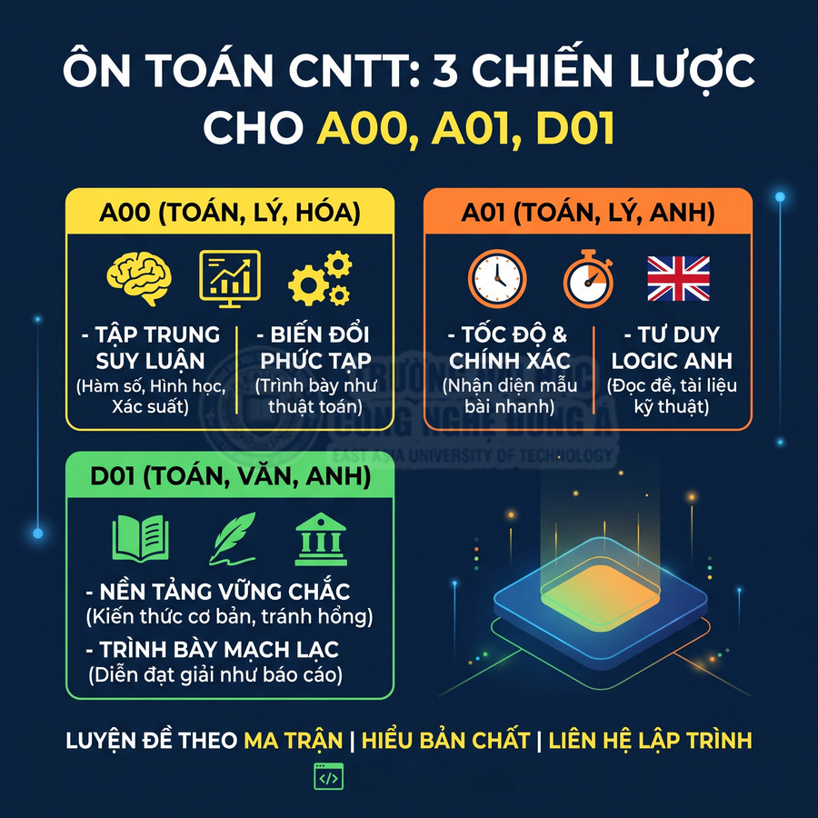 Infographic ôn toán CNTT với 3 chiến lược cho khối A00 A01 D01 và kỹ năng cần tập trung