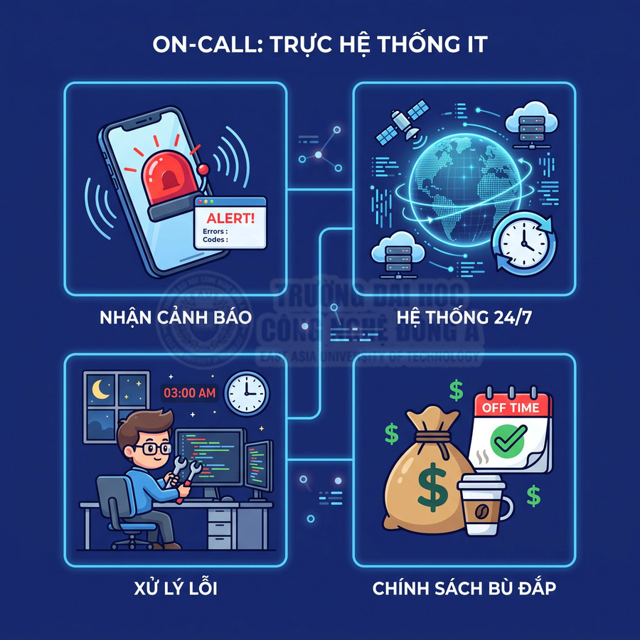Minh họa quy trình trực hệ thống IT với nhận cảnh báo, xử lý lỗi 24/7 và chính sách bù đắp cho nhân viên
