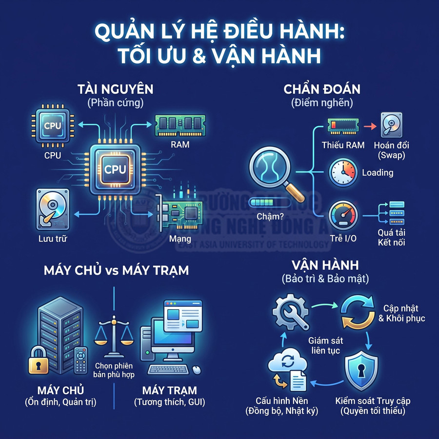 Infographic quản lý hệ điều hành, tối ưu phần cứng, chẩn đoán hiệu năng và bảo trì bảo mật máy chủ, máy trạm