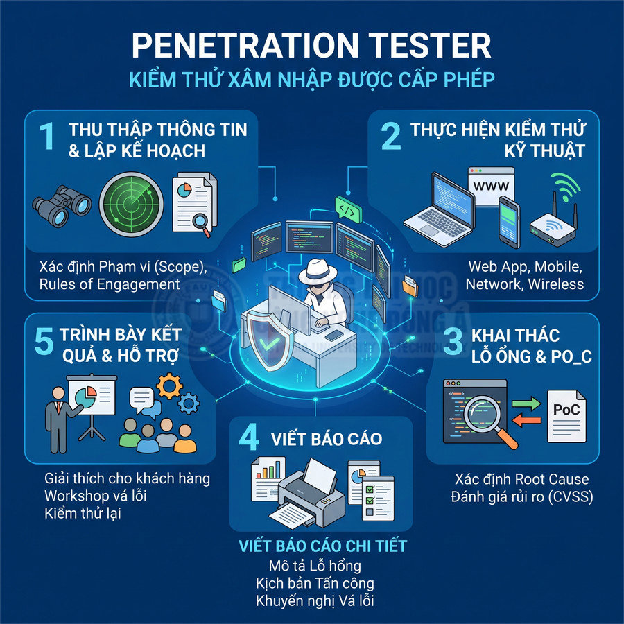 Infographic quy trình làm việc của chuyên gia kiểm thử xâm nhập Penetration Tester trong an ninh mạng