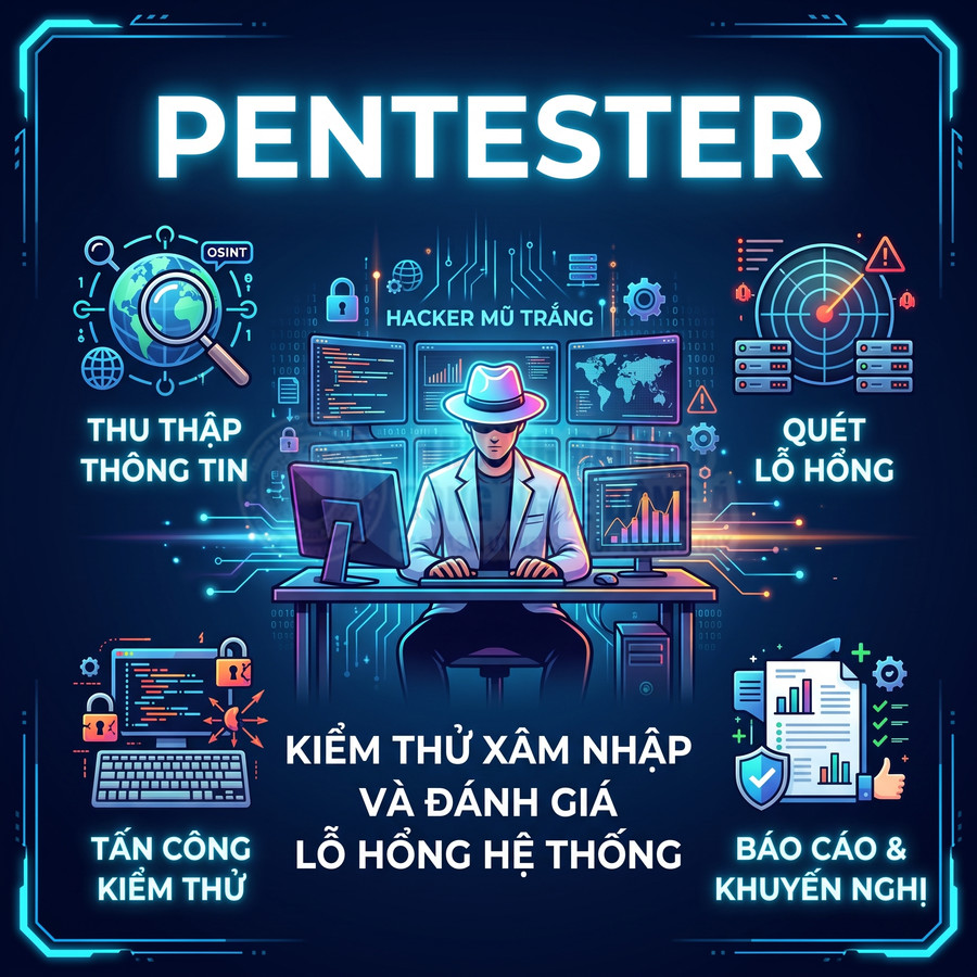 Minh họa pentester hacker mũ trắng kiểm thử xâm nhập, quét lỗ hổng và báo cáo đánh giá bảo mật hệ thống