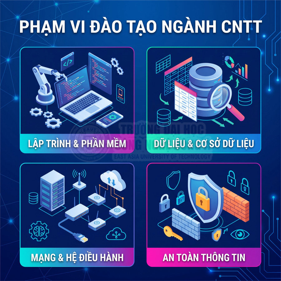 Phạm vi đào tạo ngành CNTT với các mảng lập trình phần mềm, dữ liệu, mạng hệ điều hành và an toàn thông tin