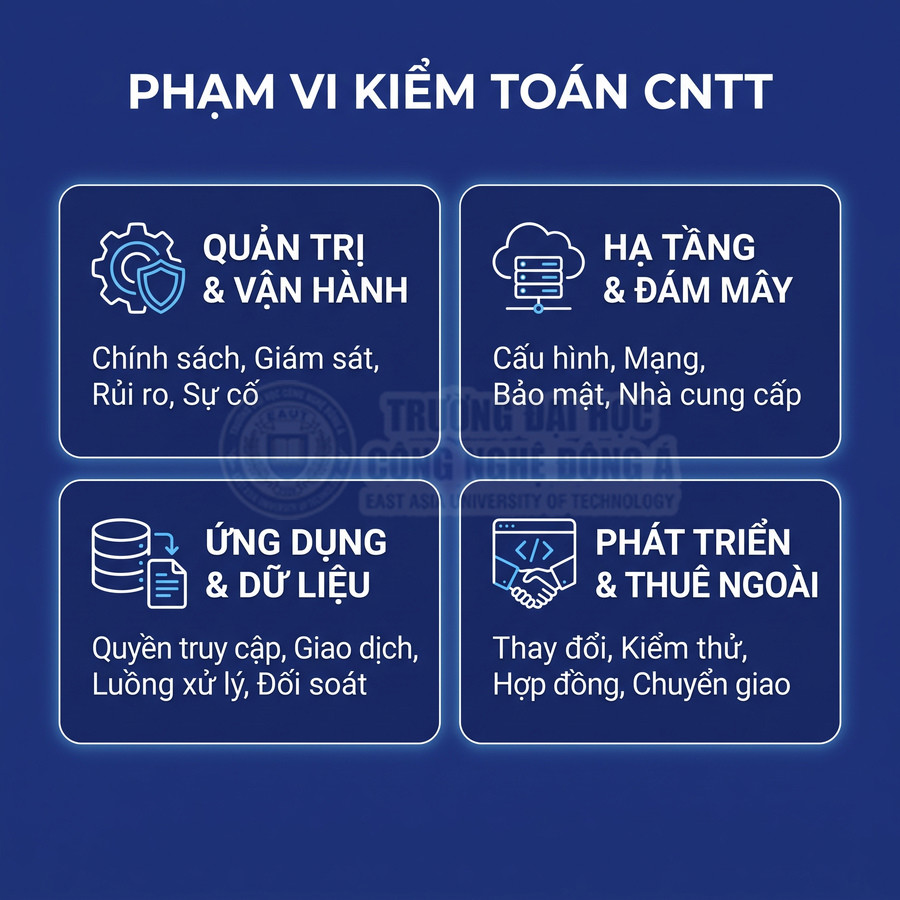 Phạm vi kiểm toán công nghệ thông tin gồm quản trị vận hành, hạ tầng đám mây, ứng dụng dữ liệu và phát triển thuê ngoài