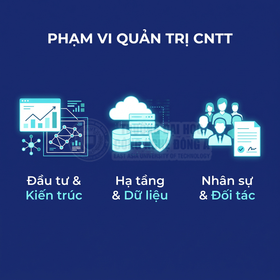 Phạm vi quản trị CNTT gồm đầu tư và kiến trúc, hạ tầng và dữ liệu, nhân sự và đối tác