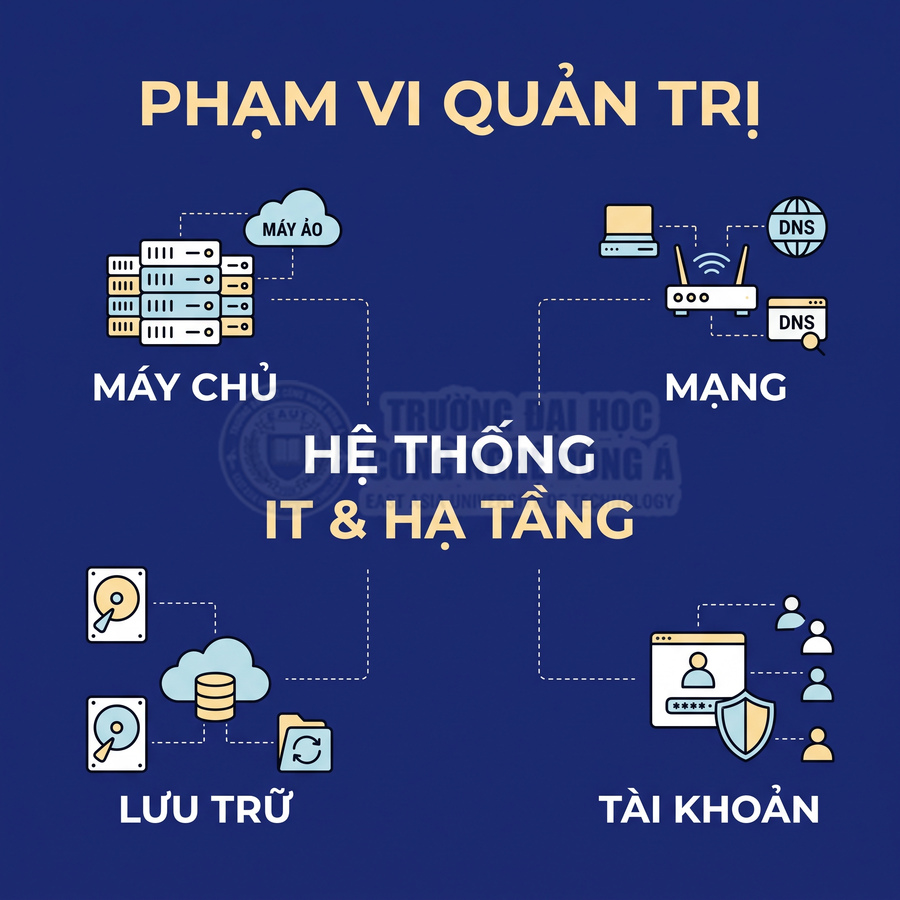 Phạm vi quản trị hệ thống IT và hạ tầng gồm máy chủ, mạng, lưu trữ và tài khoản