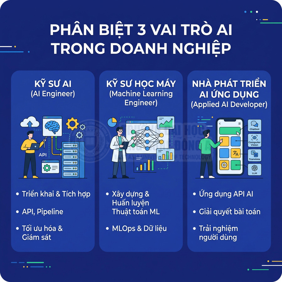Infographic phân biệt 3 vai trò AI trong doanh nghiệp: kỹ sư AI, kỹ sư học máy và nhà phát triển AI ứng dụng