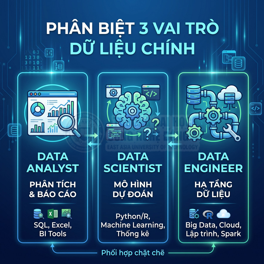 So sánh 3 vai trò Data Analyst, Data Scientist và Data Engineer với nhiệm vụ và kỹ năng chính trong lĩnh vực dữ liệu