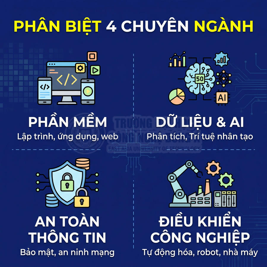 Hình minh họa bốn ngành công nghệ thông tin gồm phần mềm, dữ liệu và AI, an toàn thông tin, điều khiển công nghiệp