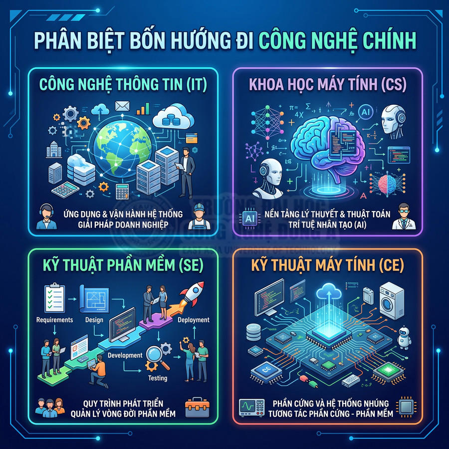 Infographic phân biệt bốn ngành IT CS SE CE với hình minh họa trái đất não bộ quy trình phần mềm và phần cứng máy tính