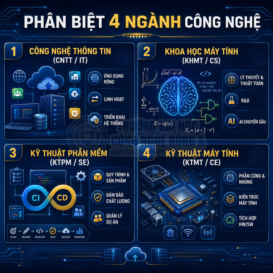 Infographic phân biệt 4 ngành công nghệ: CNTT, khoa học máy tính, kỹ thuật phần mềm, kỹ thuật máy tính