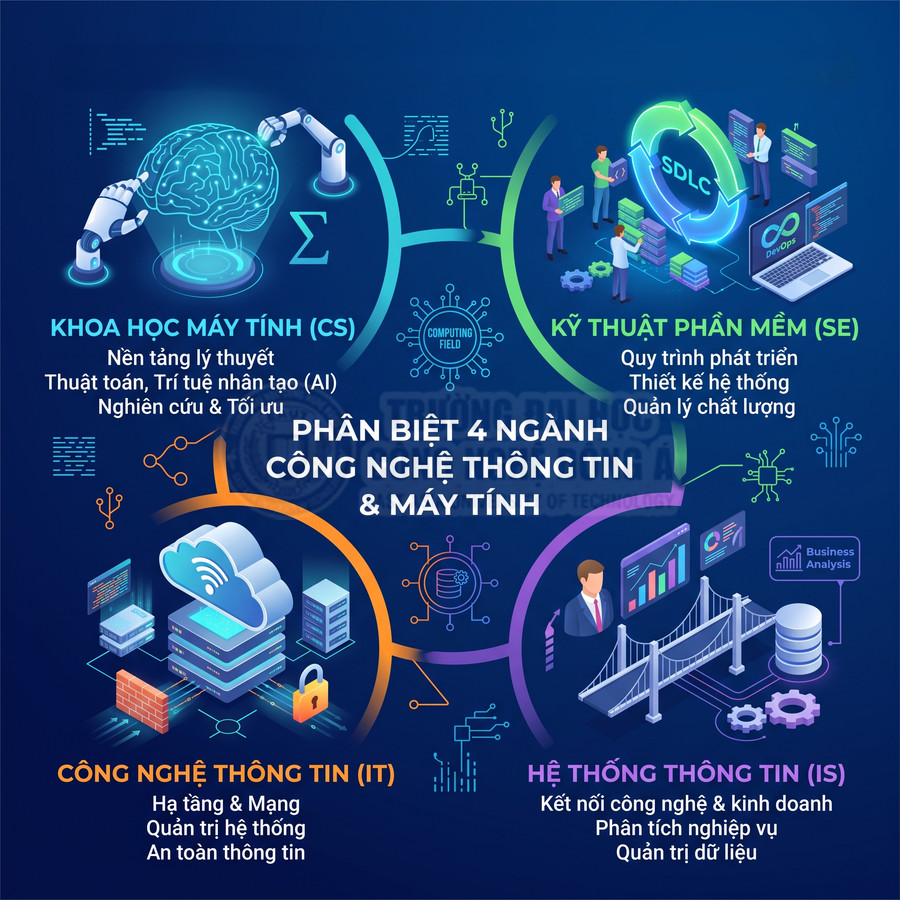 Infographic phân biệt 4 ngành công nghệ thông tin và máy tính CS SE IT IS với mô tả vai trò từng ngành