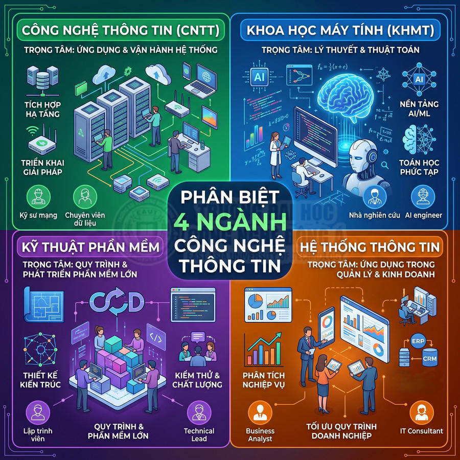 Infographic phân biệt 4 ngành công nghệ thông tin: CNTT, khoa học máy tính, kỹ thuật phần mềm, hệ thống thông tin