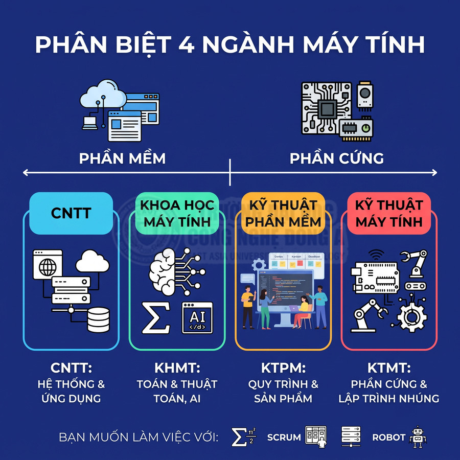 Infographic phân biệt 4 ngành máy tính: CNTT, khoa học máy tính, kỹ thuật phần mềm, kỹ thuật máy tính