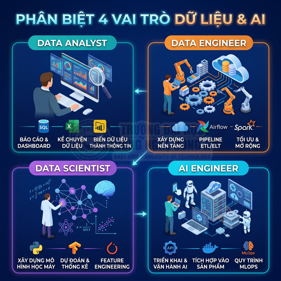 Phân biệt 4 vai trò Data Analyst, Data Engineer, Data Scientist và AI Engineer trong lĩnh vực dữ liệu và AI