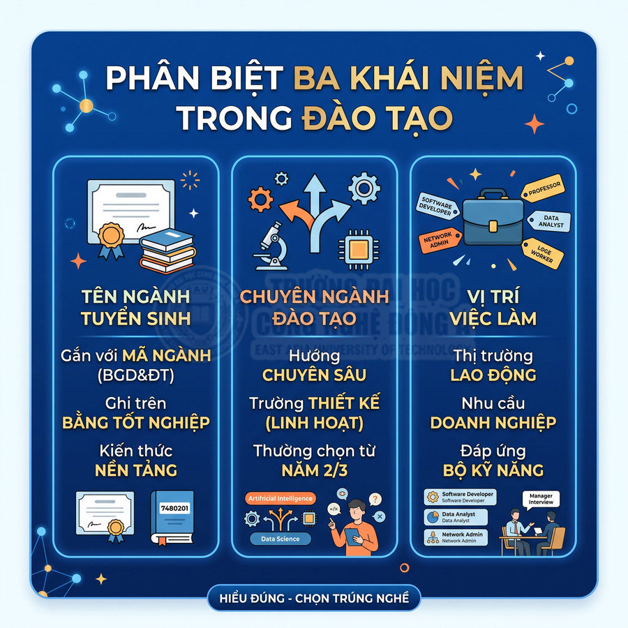 Infographic phân biệt tên ngành tuyển sinh, chuyên ngành đào tạo và vị trí việc làm trong giáo dục nghề nghiệp