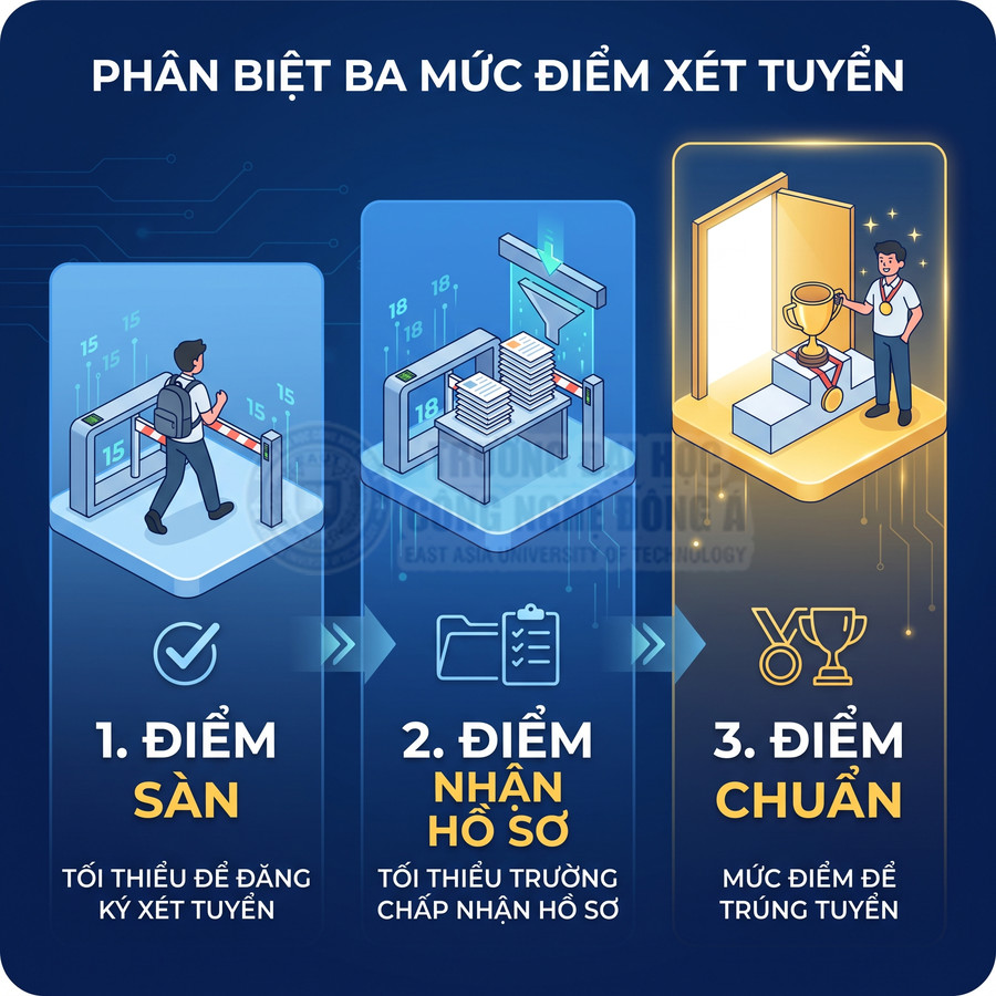 Infographic phân biệt ba mức điểm xét tuyển: điểm sàn, điểm nhận hồ sơ và điểm chuẩn trúng tuyển