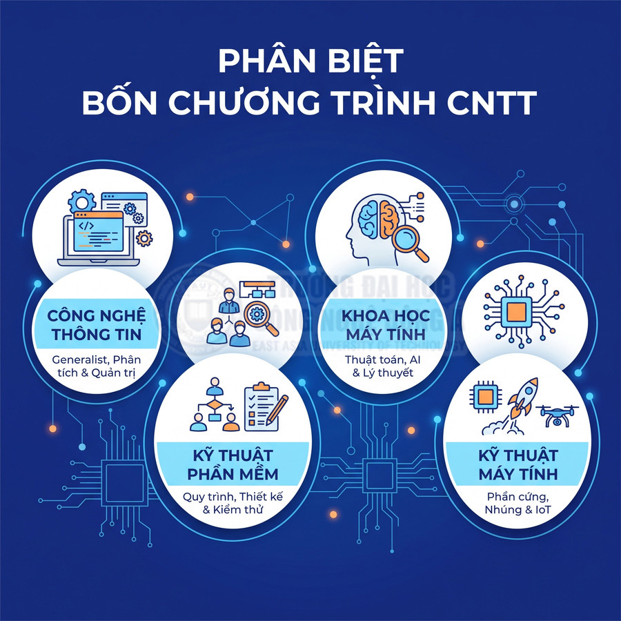 Infographic phân biệt bốn chương trình CNTT: công nghệ thông tin, khoa học máy tính, kỹ thuật phần mềm, kỹ thuật máy tính