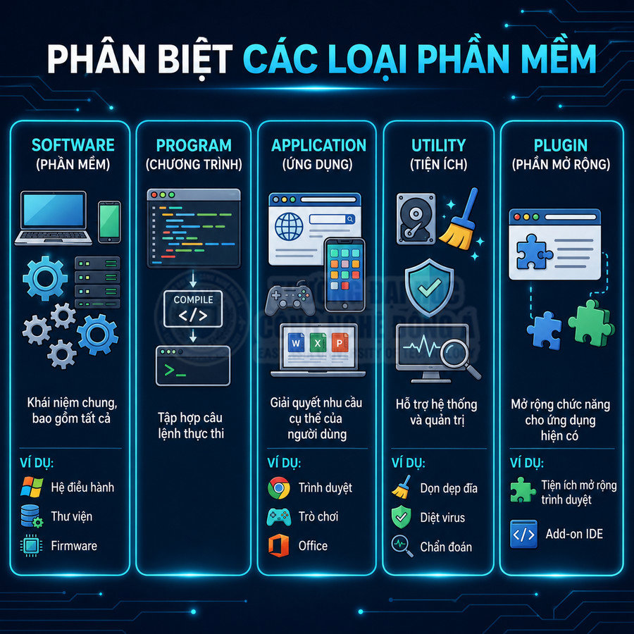 Infographic phân biệt các loại phần mềm software program application utility plugin và ví dụ minh họa từng loại