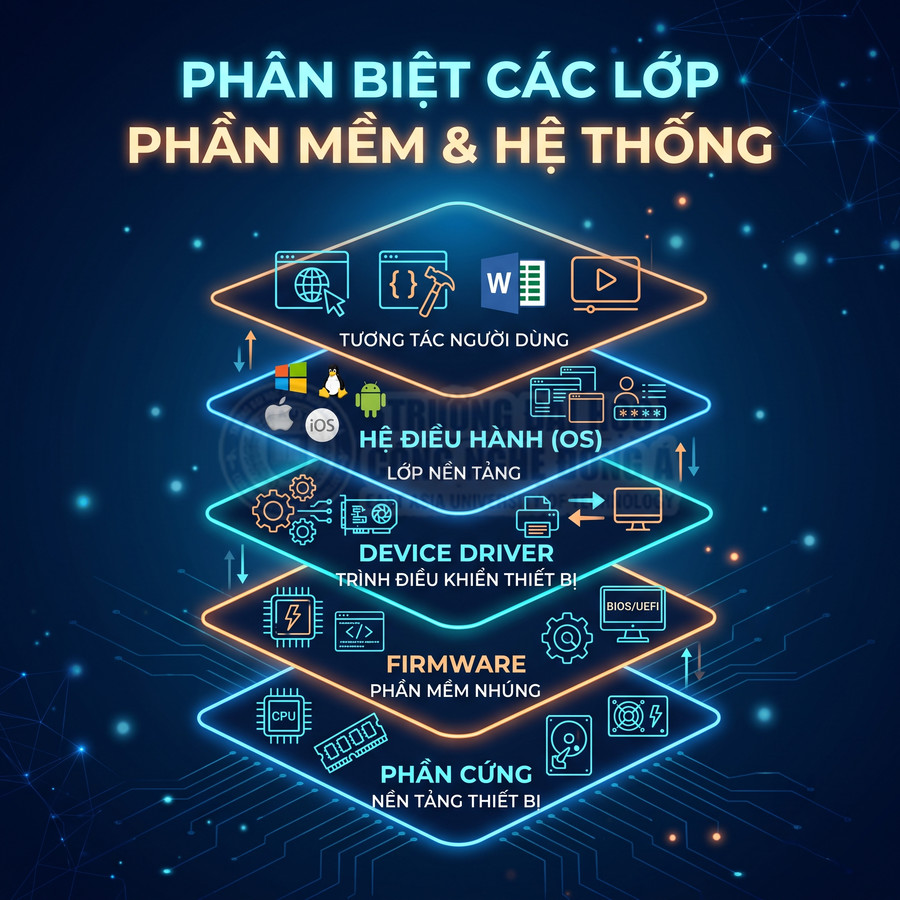 Sơ đồ các lớp phần mềm và hệ thống gồm phần cứng, firmware, driver, hệ điều hành và ứng dụng