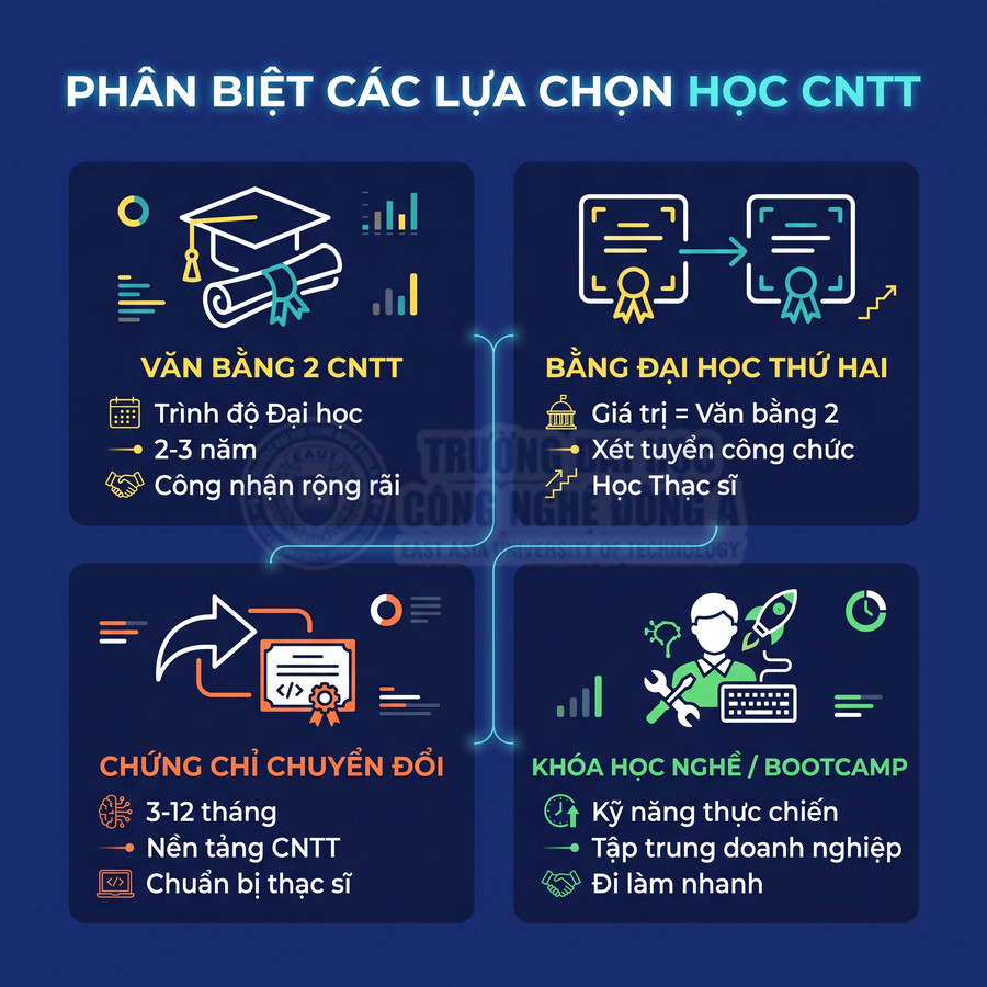 Infographic so sánh các lựa chọn học CNTT gồm văn bằng 2, bằng đại học thứ hai, chứng chỉ chuyển đổi và khóa học nghề