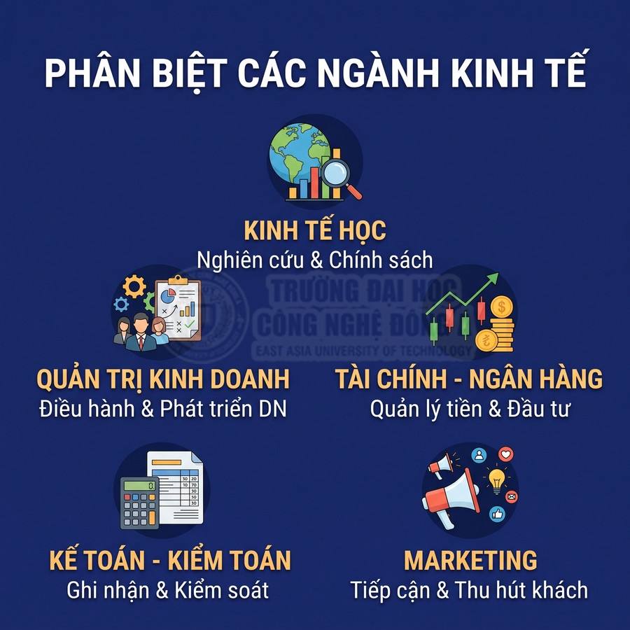 Hình minh họa các ngành kinh tế gồm kinh tế học, quản trị kinh doanh, tài chính ngân hàng, kế toán kiểm toán và marketing