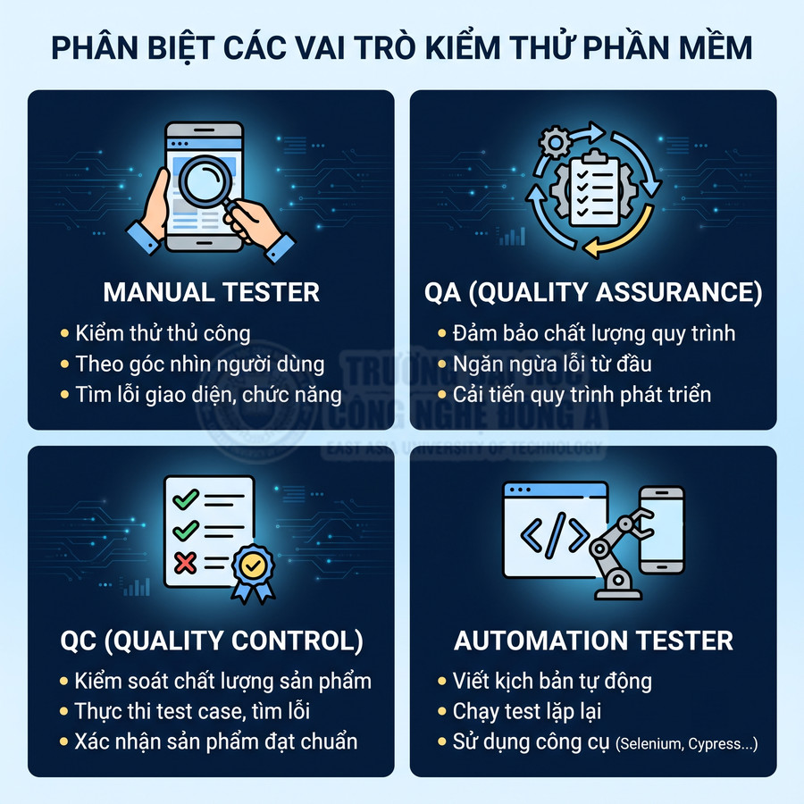 Phân biệt vai trò kiểm thử phần mềm: manual tester, QA, QC và automation tester cùng nhiệm vụ chính