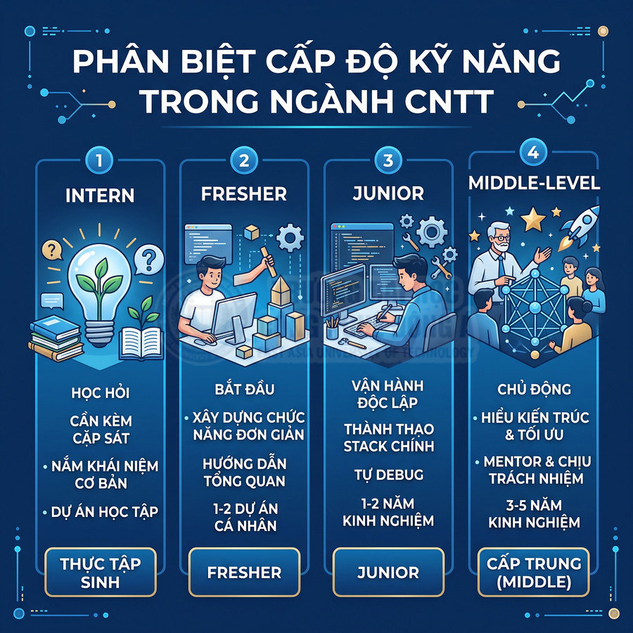 Infographic phân biệt cấp độ kỹ năng ngành CNTT từ intern, fresher, junior đến middle level