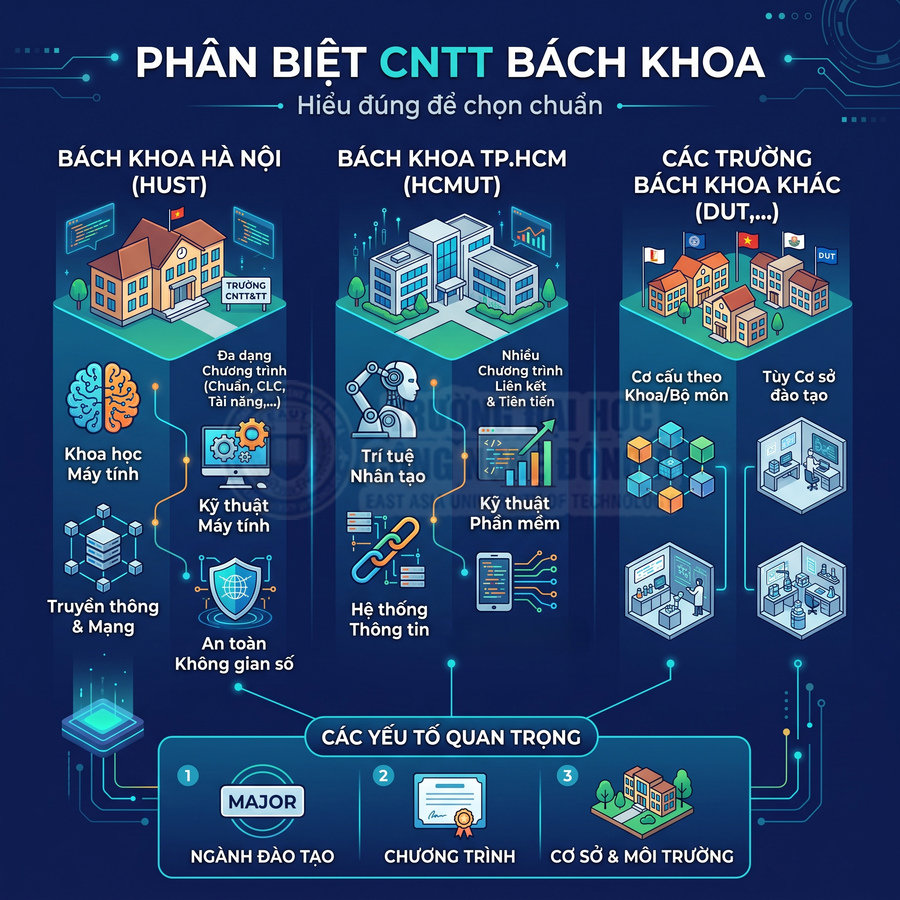 Infographic so sánh ngành CNTT Bách khoa Hà Nội, Bách khoa TP.HCM và các trường Bách khoa khác