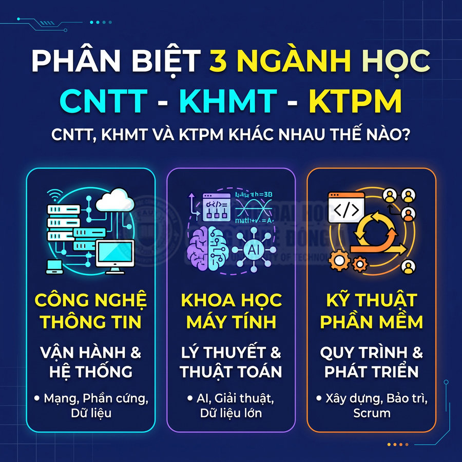 Hình minh họa so sánh ba ngành Công nghệ thông tin, Khoa học máy tính và Kỹ thuật phần mềm, kèm lĩnh vực trọng tâm của từng ngành