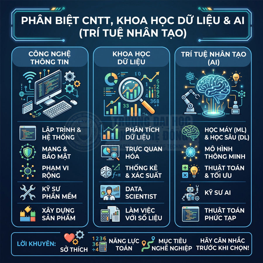 Infographic so sánh công nghệ thông tin, khoa học dữ liệu và trí tuệ nhân tạo với mô tả kỹ năng và nghề nghiệp