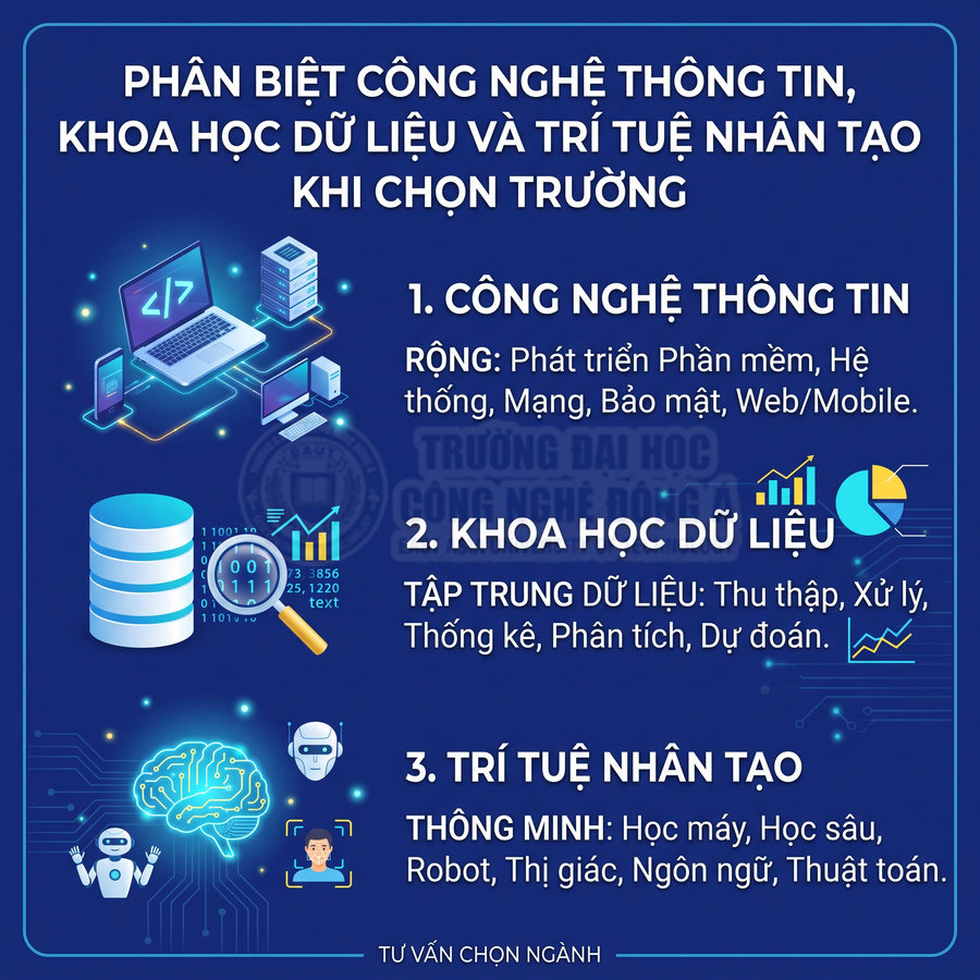 So sánh ngành công nghệ thông tin, khoa học dữ liệu và trí tuệ nhân tạo với icon laptop, dữ liệu, não bộ số hóa