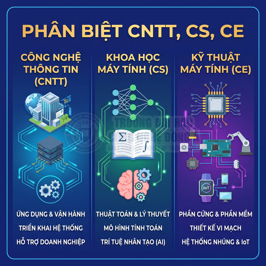 Infographic so sánh ngành công nghệ thông tin, khoa học máy tính và kỹ thuật máy tính với biểu tượng máy chủ, AI, vi mạch, IoT