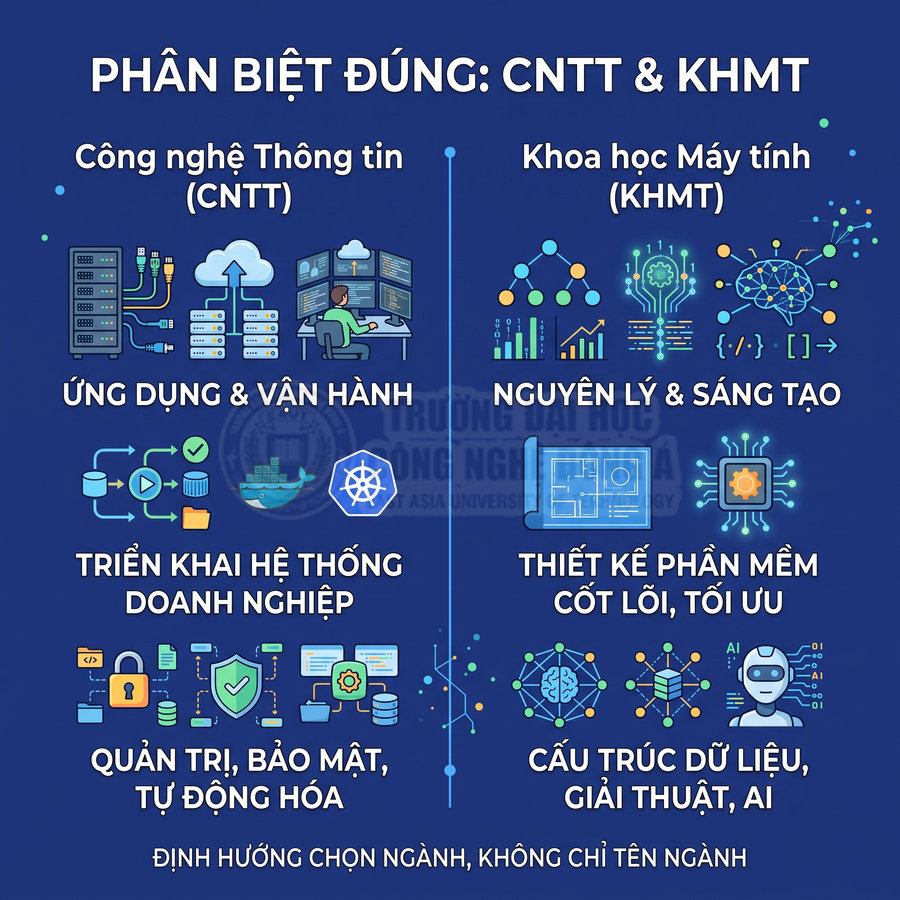 So sánh ngành Công nghệ thông tin và Khoa học máy tính với các mảng ứng dụng, vận hành, bảo mật, AI