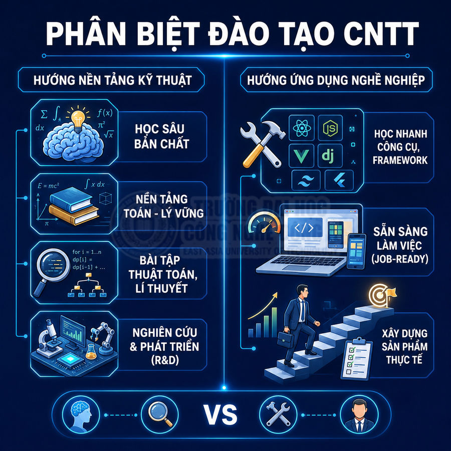 Infographic phân biệt đào tạo CNTT hướng nền tảng kỹ thuật và hướng ứng dụng nghề nghiệp, mô tả nội dung học và mục tiêu