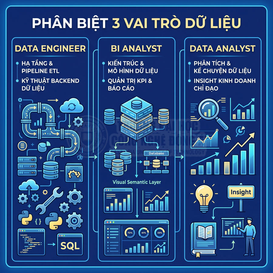 Infographic so sánh vai trò Data Engineer, BI Analyst và Data Analyst với biểu đồ và biểu tượng dữ liệu