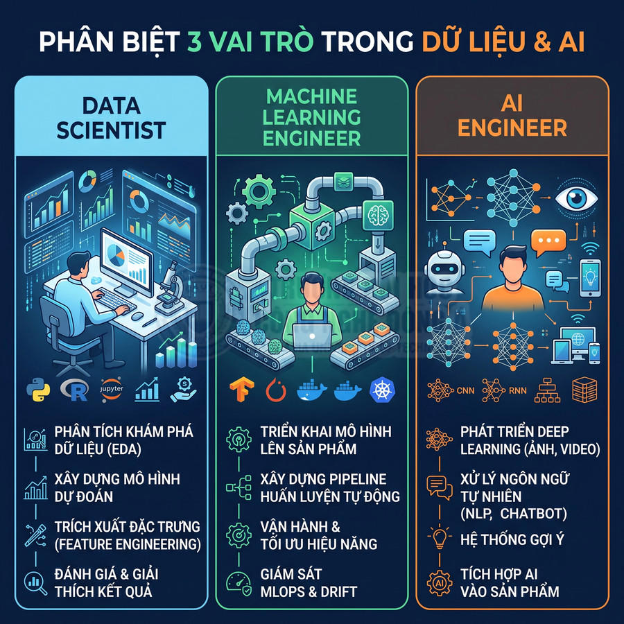 So sánh ba vai trò Data Scientist, Machine Learning Engineer và AI Engineer trong lĩnh vực dữ liệu và AI