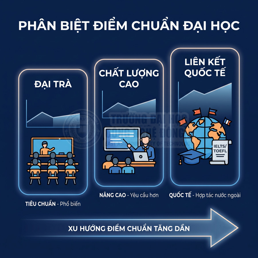 Infographic phân biệt điểm chuẩn đại học: đại trà, chất lượng cao, liên kết quốc tế và xu hướng điểm chuẩn tăng dần