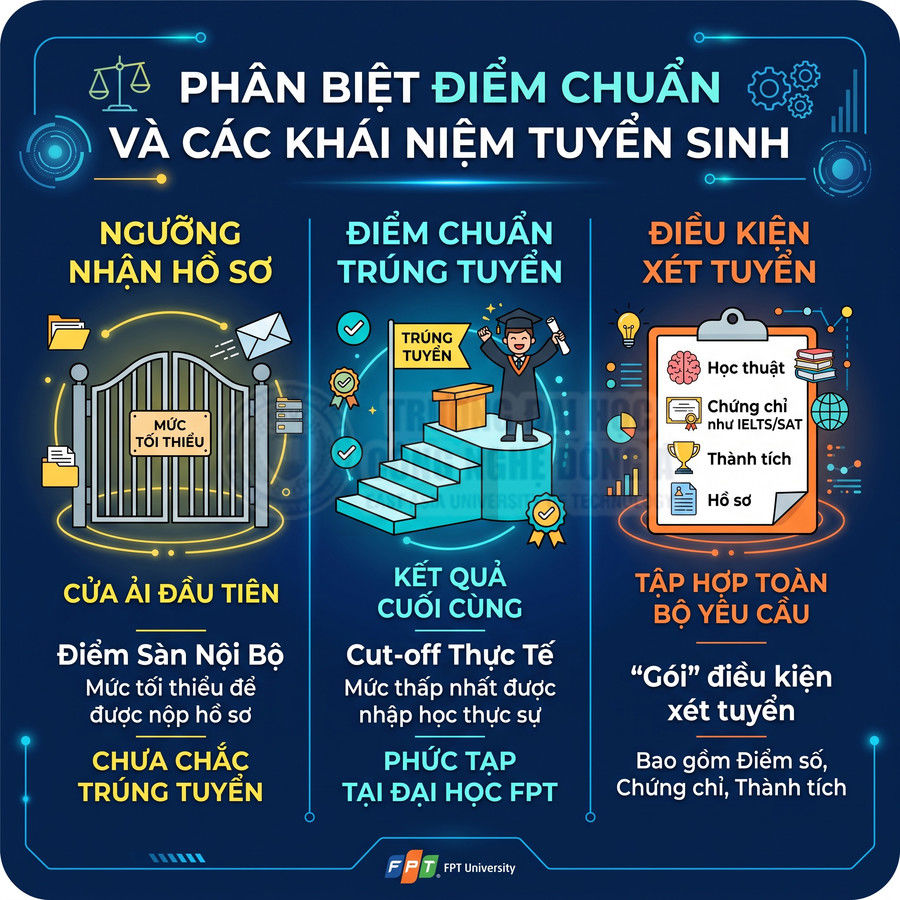 Infographic phân biệt điểm chuẩn, ngưỡng nhận hồ sơ và điều kiện xét tuyển đại học FPT