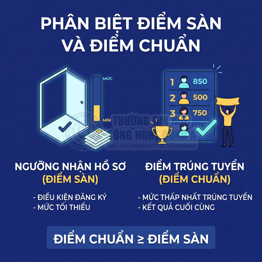 Infographic phân biệt điểm sàn và điểm chuẩn tuyển sinh đại học, giải thích ngưỡng nhận hồ sơ và điểm trúng tuyển