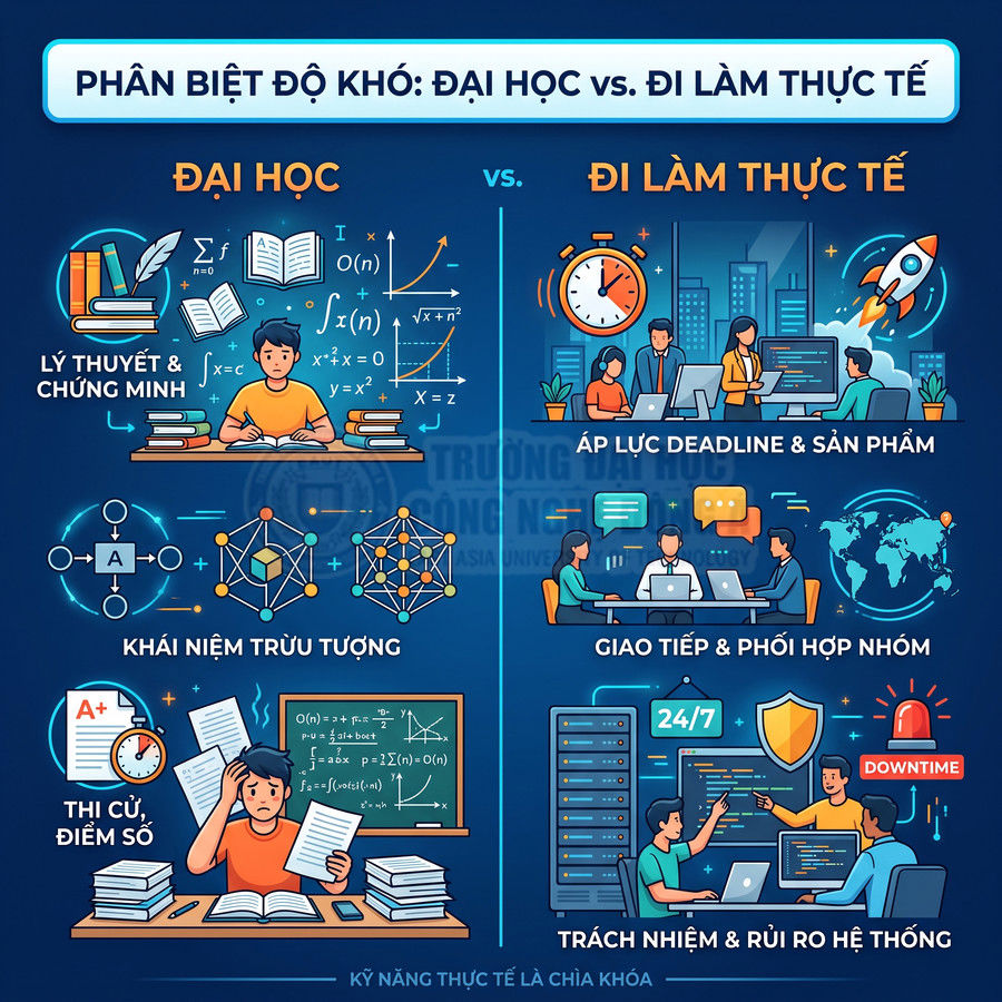 So sánh minh họa độ khó đại học và đi làm thực tế với các tình huống học tập và làm việc IT