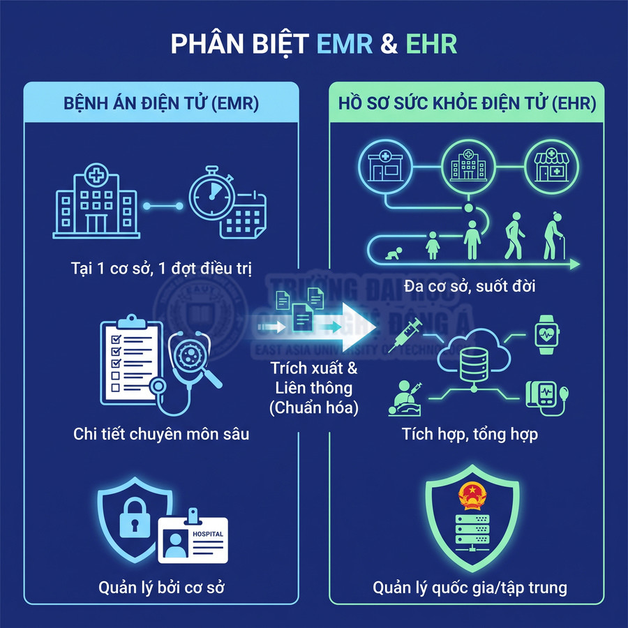 So sánh bệnh án điện tử EMR và hồ sơ sức khỏe điện tử EHR về phạm vi điều trị và quản lý dữ liệu y tế