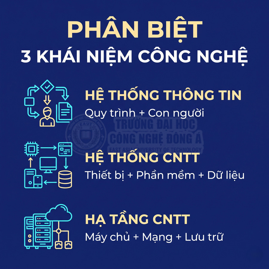 Hình minh họa phân biệt hệ thống thông tin, hệ thống CNTT và hạ tầng CNTT với các thành phần chính của từng khái niệm