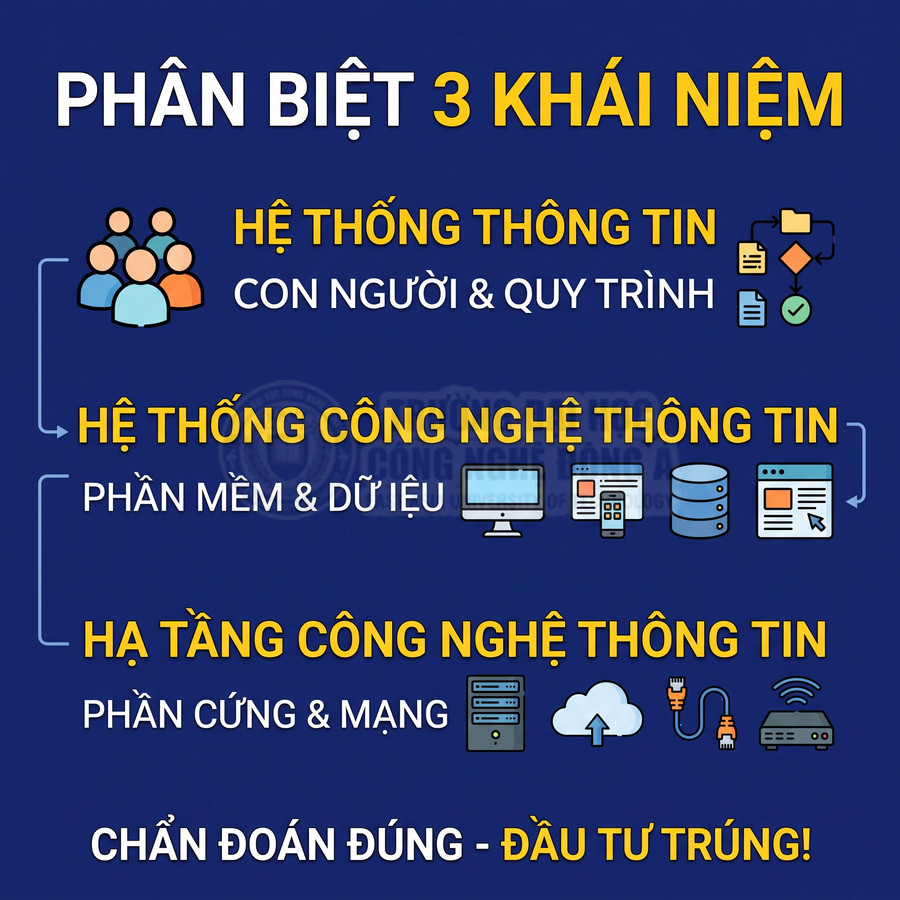 Ba khái niệm hệ thống thông tin, hệ thống công nghệ thông tin và hạ tầng công nghệ thông tin, minh họa bằng biểu tượng thiết bị và mạng lưới