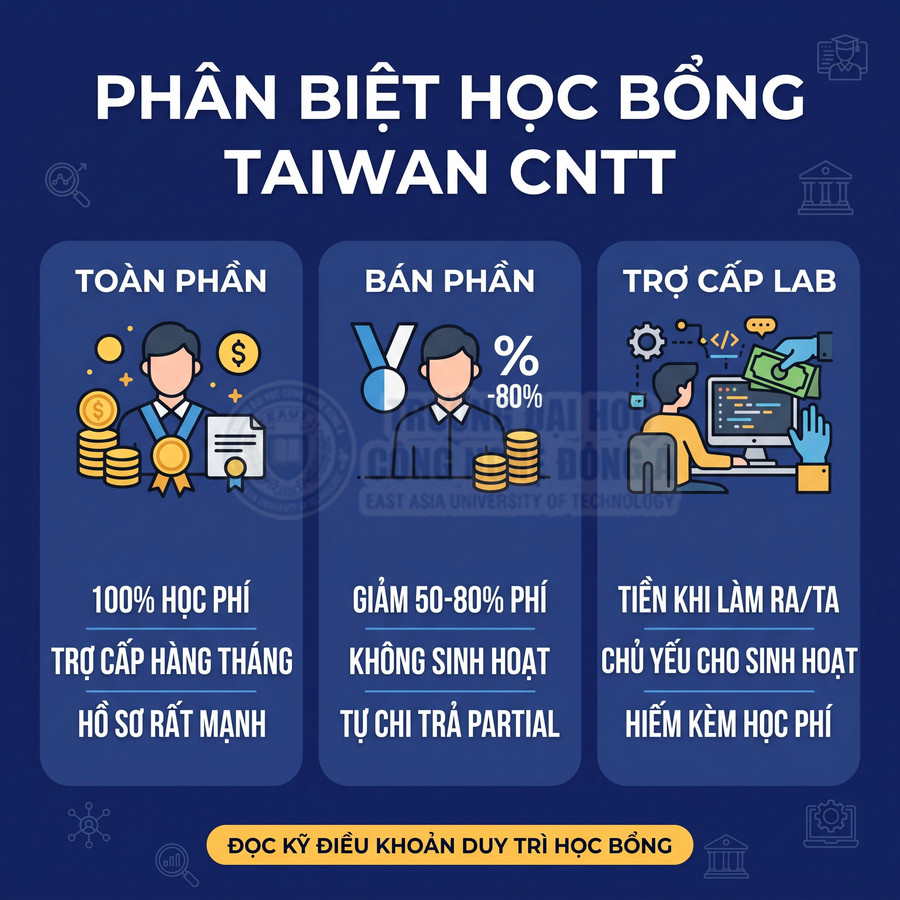 Infographic phân biệt học bổng Taiwan CNTT: toàn phần, bán phần và trợ cấp lab cùng quyền lợi chi tiết